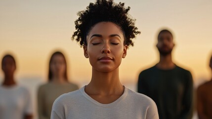 Serene Woman Meditating with Friends during Sunset at the Beach