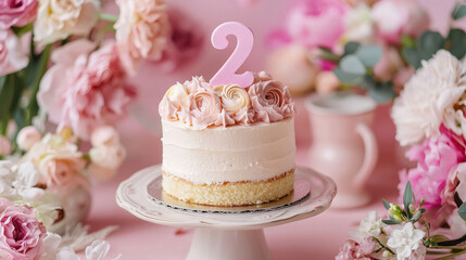 Elegant 2nd birthday cake with floral decor and copy space for personalized message