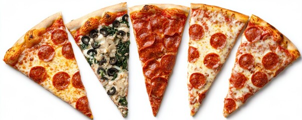 A colorful arrangement of five pizza slices featuring various toppings like pepperoni and vegetables.