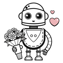 A friendly robot holds a vibrant bouquet of flowers, a heartwarming image.