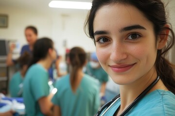Fototapeta premium Confident young woman in scrubs beams with pride while her healthcare team collaborates in a busy medical environment. Generative AI