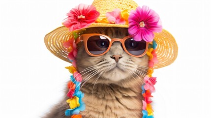 Cute Cat Wearing Summer Hat with Flowers