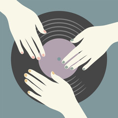 Female hands on vinyl record. Retro music concept with gramophone record. Vector illustration
