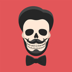 Male skull with haircut, mustache and beard wearing tie bow. Hipster gentleman skull icon emblem logo. Vector illustration