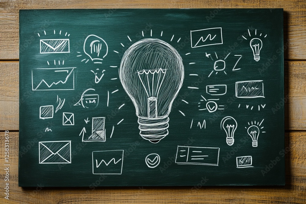 Poster creative concept of ideas and brainstorming illustrated on a chalkboard with sketches of light bulbs