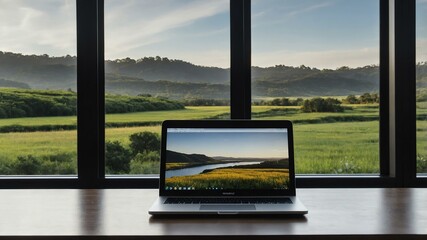 Fototapeta premium Laptop on table with scenic green landscape view.