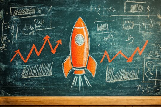 Creative concept of rocket launch with upward trends depicted on chalkboard in educational environment - Powered by Adobe