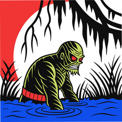 Render a swamp creature with slimy, green skin, sharp claws, and glowing red eyes, lurking in murky water.