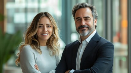 Confident business partners portrait, office background, teamwork