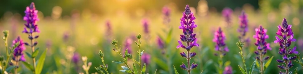 Obraz premium Salvia nemorosa flowers in a field of wildflowers, floral, wild sage