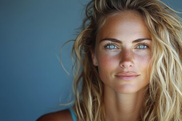 Naklejka premium Beautiful woman with tousled hair and striking blue eyes against a neutral background