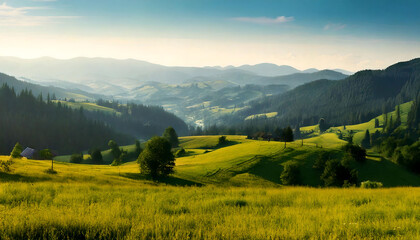 Obraz premium Serene mountain landscape bathed in golden sunlight. Rolling hills, lush green forests, and a vibrant yellow field create a picturesque scene, ideal for travel, nature, and environmental themes.