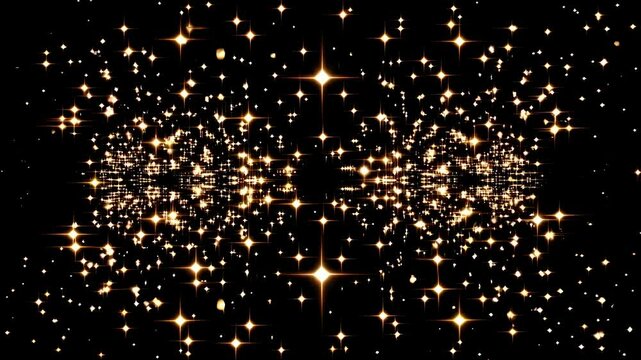 A mesmerizing video of twinkling golden stars on a black background, captured from a frontal angle, creating a cosmic, dreamy atmosphere.