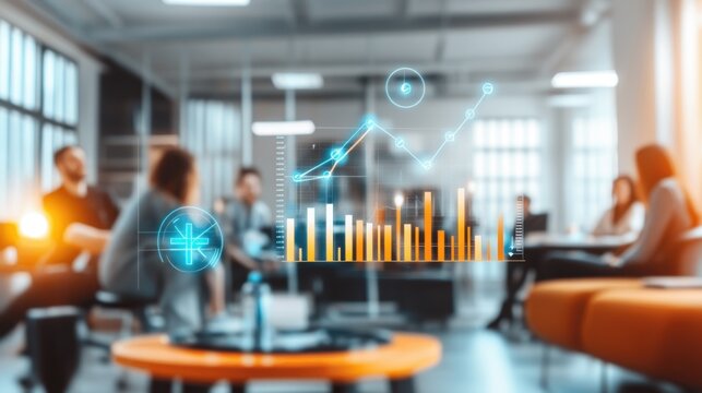 A dynamic coaching session in a modern office, featuring business icons like bar graphs, pie charts, and upward trends, symbolizing professional growth and team success