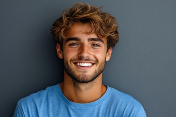 Fototapeta premium Young man smiling against a gray wall with tousled hair, showcasing a joyful expression and casual style