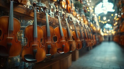 Violins displayed at Christmas market, bokeh lights