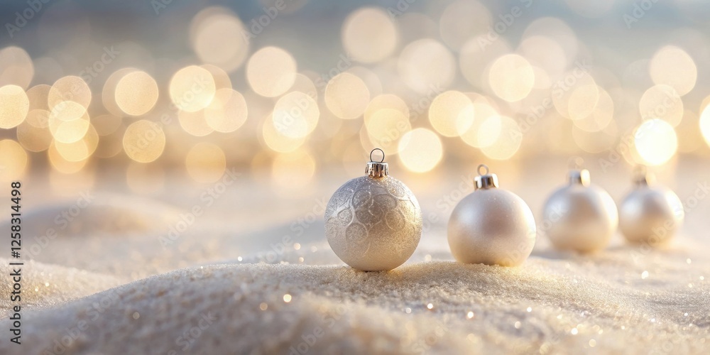 Aufkleber elegant silver and white ornaments rest on sparkling snow against a soft-focus background of warm li