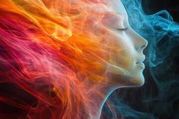 Obraz premium Woman, smoke, colorful, profile, energy, dark, background, abstract, art, concept