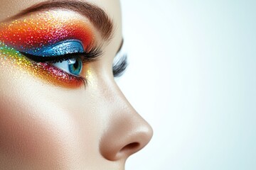 Fototapeta premium Exquisite close-up of vibrant eye makeup showcasing colorful artistry and detailed cosmetic application