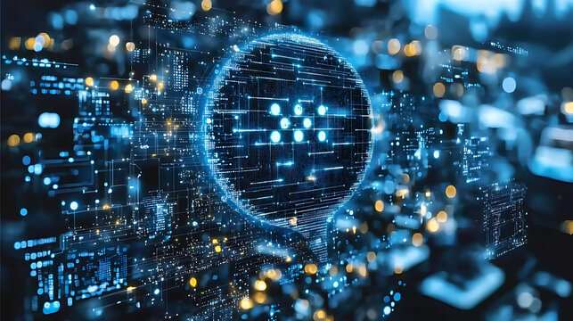 Stunning abstract image depicting a glowing digital speech bubble within a complex network of circuits.  Ideal for illustrating concepts of AI, communication, data processing, or global connectivity. - Powered by Adobe
