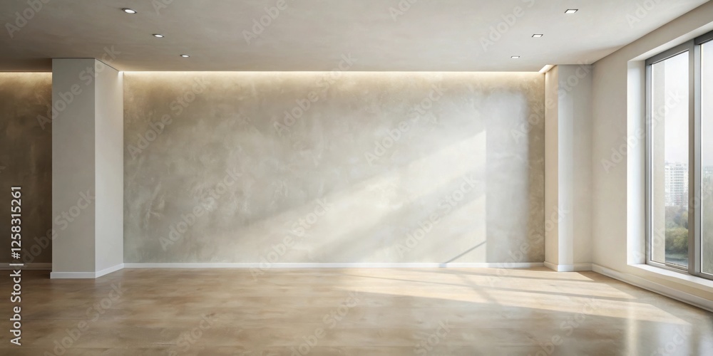 Poster empty room with large window and textured wall, ideal for interior design mockup