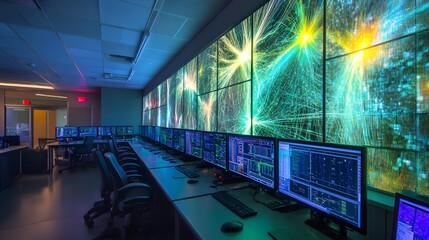Futuristic Tech Control Room with Data Streams Visualizations on Large Screens