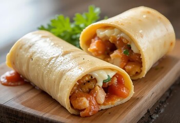 An egg roll with melted cheese, tomato paste, and fresh greens on a plate with a fork and knife beside it