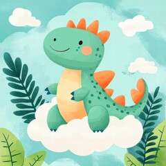 Obraz premium A cute cartoon dinosaur sits happily on a fluffy cloud, surrounded by leafy plants against a soft blue background.