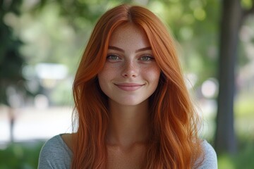 Naklejka premium Smiling young woman with vibrant red hair and freckles enjoys a sunny day outdoors in a lush green park