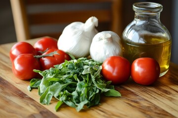 Delicious Italian Ingredients: Fresh Tomatoes, Garlic, Basil, and Olive Oil