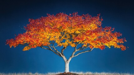 A single maple tree with a perfect blend of red, orange, and yellow leaves, standing against a deep blue sky
