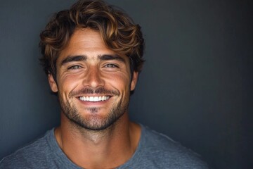 Fototapeta premium Smiling man with curly hair enjoying a moment of joy in a cozy, intimate setting