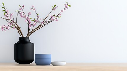 Pink Cherry Blossoms In Vase On Wooden Table