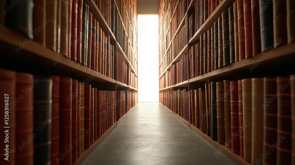 Poster unique perspective of library aisle with open door at end