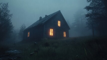 A haunting cabin illuminated by warm light, surrounded by a mysterious fog that envelops the forest, evoking a sense of intrigue and solitude.