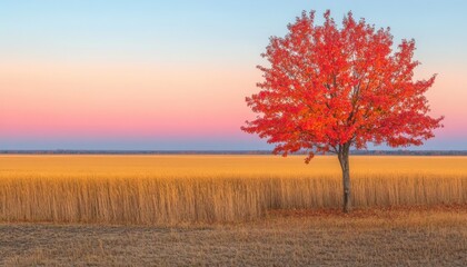 Tree with vibrant autumn leaves, standing alone in a golden field at sunrise