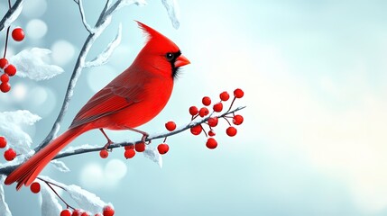 Vibrant Red Bird Perched on Branch with Bright Berries Against Blue
