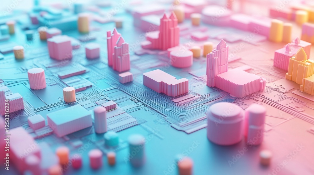 Poster a vibrant 3d representation of a cityscape with abstract buildings and structures, blending technolo