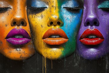 Colorful artistic faces showcasing vibrant makeup in a creative urban environment during daylight