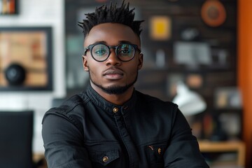 Obraz premium Confident young man in stylish glasses poses in modern workspace during daylight