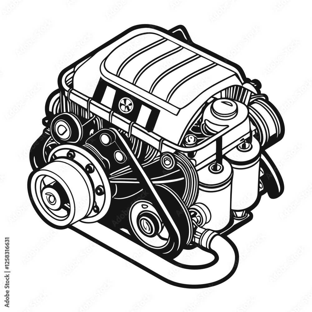 Poster highly detailed image of a turbocharged car engine, showcasing intricate piping and complex internal