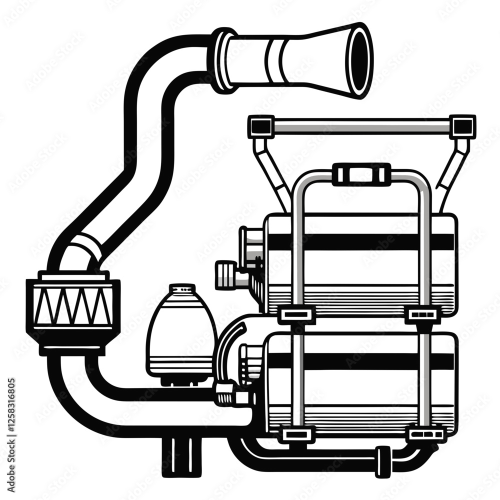 Poster create a detailed vector diagram of an engine's exhaust system, showcasing its components and flow.