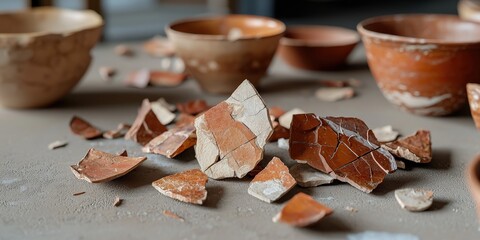handicrafts pottery technique concept. Broken pottery shards scattered on a surface near clay bowls.