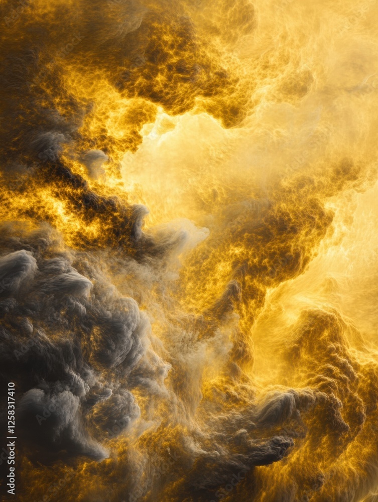 Poster swirling clouds of yellow and gray in the dense atmosphere of venus illuminated by glowing sunlight.