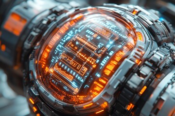 Futuristic tech sphere, glowing circuits, close-up