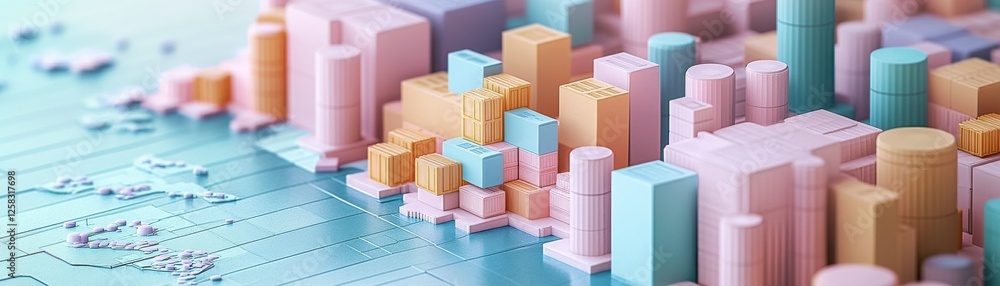 Poster a colorful 3d representation of urban landscapes, showcasing various buildings and structures on a m
