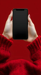 Woman's Hands Hold Smartphone, Red Sweater, Display