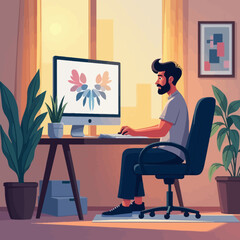 Freelance male graphic designer. Man working on design projects on his computer in a creative work environment. Graphic design process and professional freelance designer vector illustration.