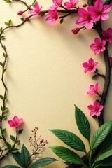 Vines entwining the wall with bright pink flowers, tropical, beige, nature
