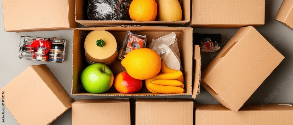 Poster cardboard boxes filled with assorted fruits including oranges in an indoor setting with space for te